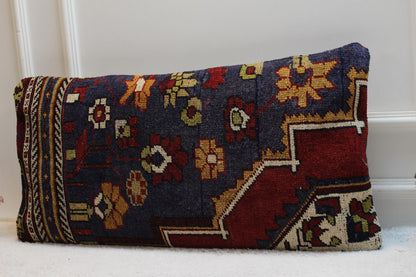 Floral Turkish Rug Lumbar Pillow Cover: Handmade Kilim Pillow Case (16x32 in)