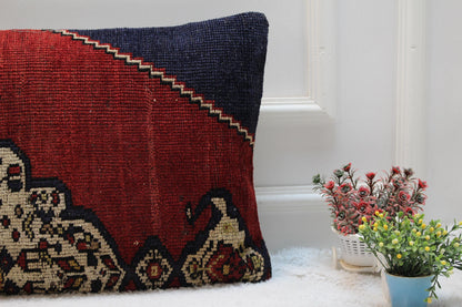Handmade Lumbar Kilim Pillow Cover: Vintage Turkish Rug, 16x32 inch