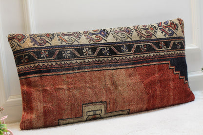 Handmade Kilim Lumbar Pillow Cover: Upcycled Woven Rug, Boho Decor (16x32 in)