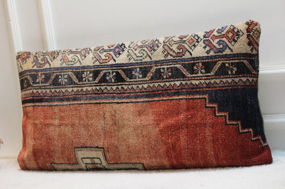 Handmade Kilim Lumbar Pillow Cover: Upcycled Woven Rug, Boho Decor (16x32 in)