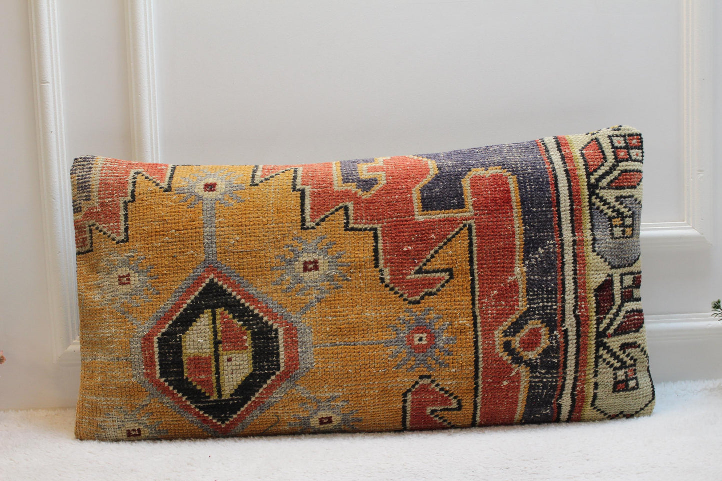 Orange Vintage Turkish Rug Pillow Cover: Boho Lumbar Cushion 16x32