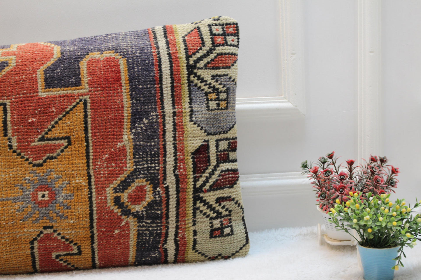 Orange Vintage Turkish Rug Pillow Cover: Boho Lumbar Cushion 16x32