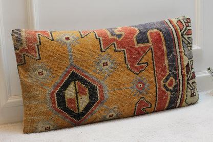 Orange Vintage Turkish Rug Pillow Cover: Boho Lumbar Cushion 16x32