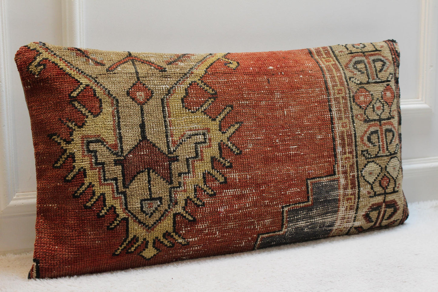 Handmade Wool Turkish Rug Lumbar Pillow Cover: Upcycled Kilim, 16x32 inch