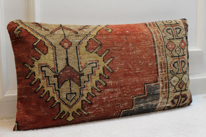 Handmade Wool Turkish Rug Lumbar Pillow Cover: Upcycled Kilim, 16x32 inch