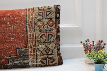 Handmade Wool Turkish Rug Lumbar Pillow Cover: Upcycled Kilim, 16x32 inch