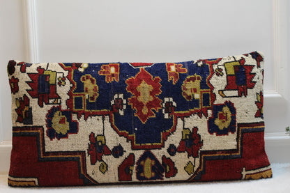 Handmade Turkish Rug Lumbar Pillow Cover: Blue Beige Woven Wool (16x32 in)