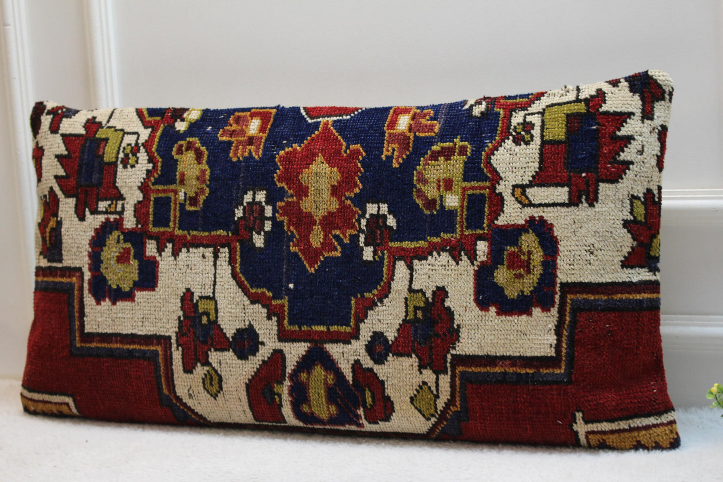 Handmade Turkish Rug Lumbar Pillow Cover: Blue Beige Woven Wool (16x32 in)