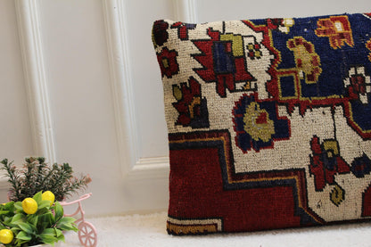 Handmade Turkish Rug Lumbar Pillow Cover: Blue Beige Woven Wool (16x32 in)