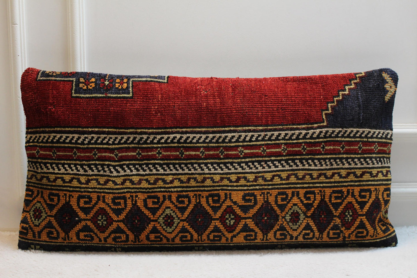 Vintage Turkish Rug Lumbar Pillow Cover: Rainbow Woven Wool, 16x32 inch