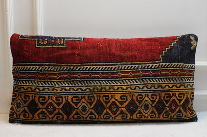 Vintage Turkish Rug Lumbar Pillow Cover: Rainbow Woven Wool, 16x32 inch