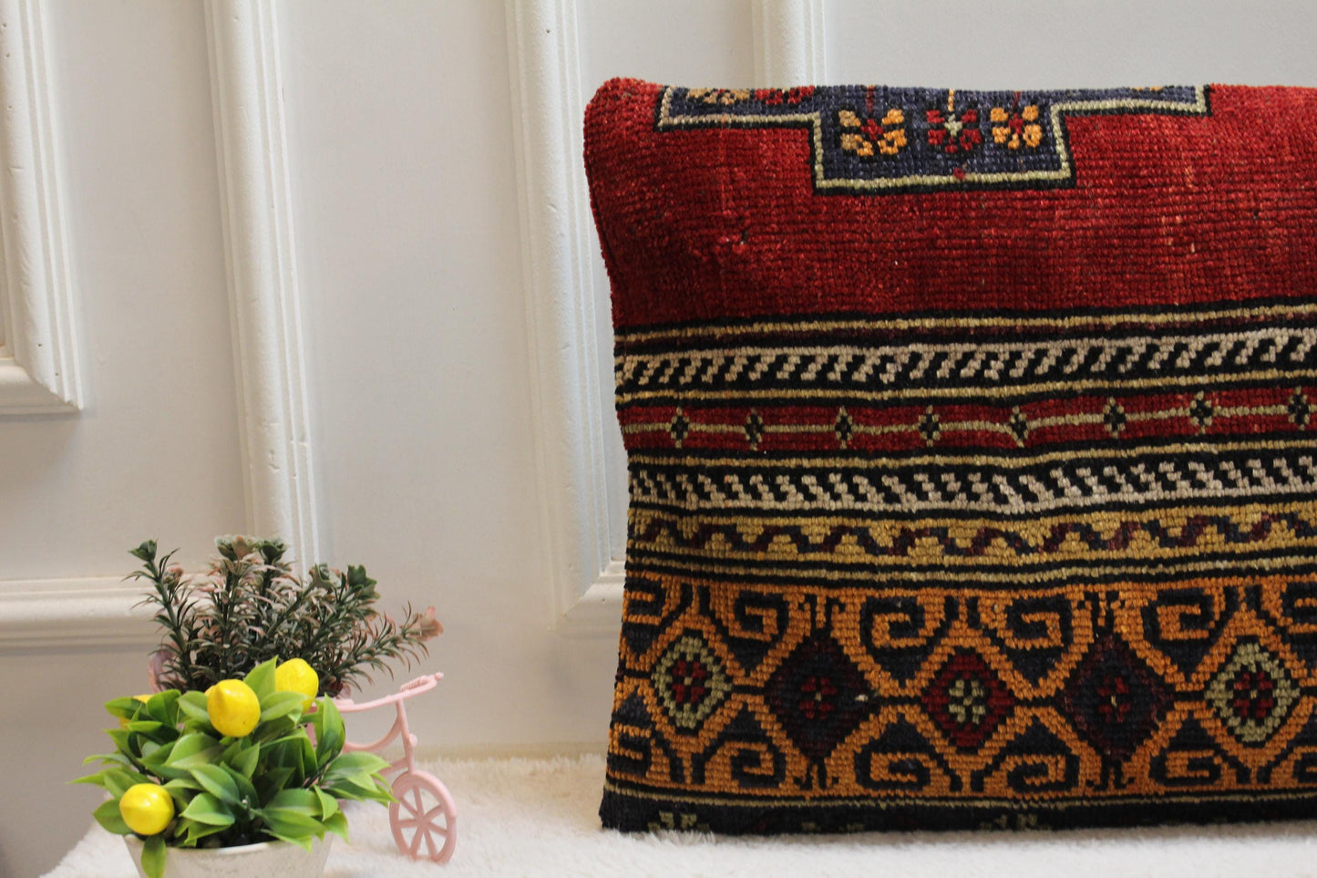 Vintage Turkish Rug Lumbar Pillow Cover: Rainbow Woven Wool, 16x32 inch