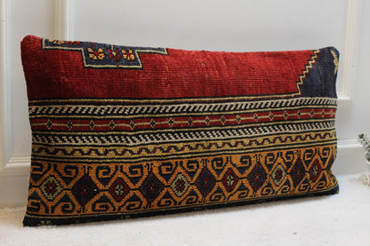 Vintage Turkish Rug Lumbar Pillow Cover: Rainbow Woven Wool, 16x32 inch
