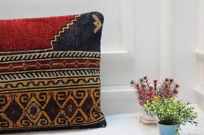 Vintage Turkish Rug Lumbar Pillow Cover: Rainbow Woven Wool, 16x32 inch