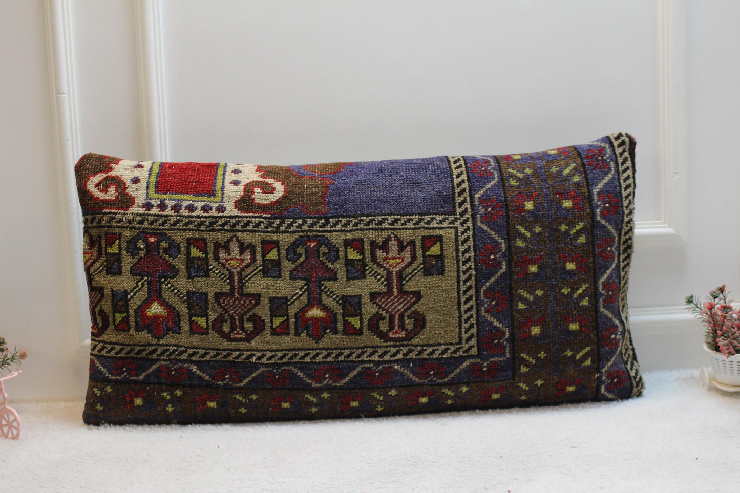 Handmade Turkish Rug Lumbar Pillow Cover: Vintage Rainbow Kilim, 16x32