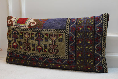 Handmade Turkish Rug Lumbar Pillow Cover: Vintage Rainbow Kilim, 16x32