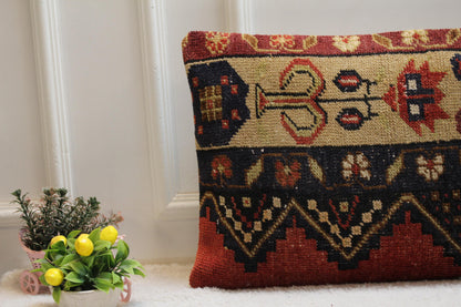 Handmade Wool Lumbar Pillow Cover: Turkish Rug Design (16x32 inch)