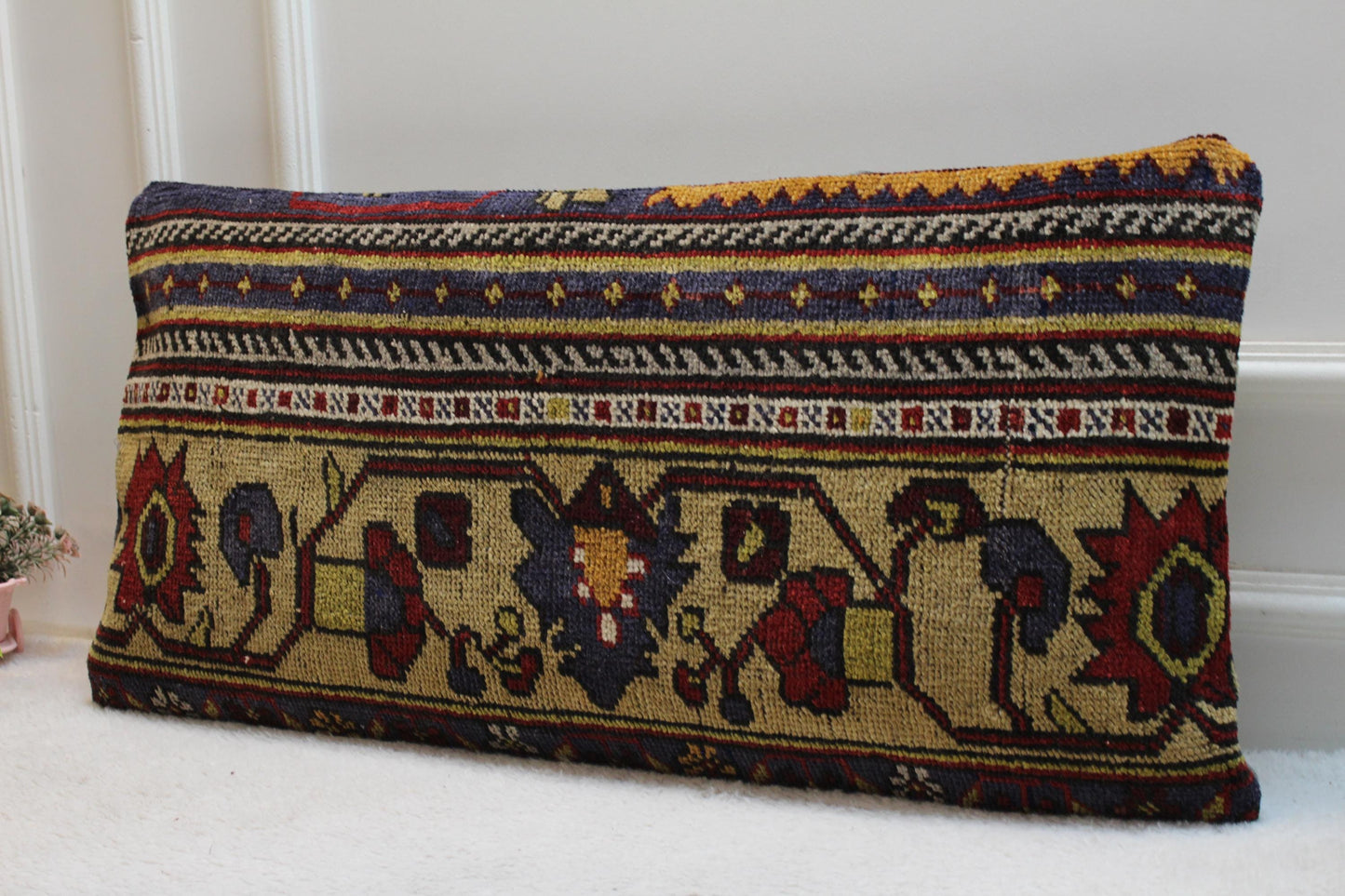 Floral Lumbar Pillow Cover: Handmade Turkish Rug, 16x32 inc