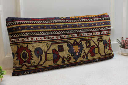 Floral Lumbar Pillow Cover: Handmade Turkish Rug, 16x32 inc