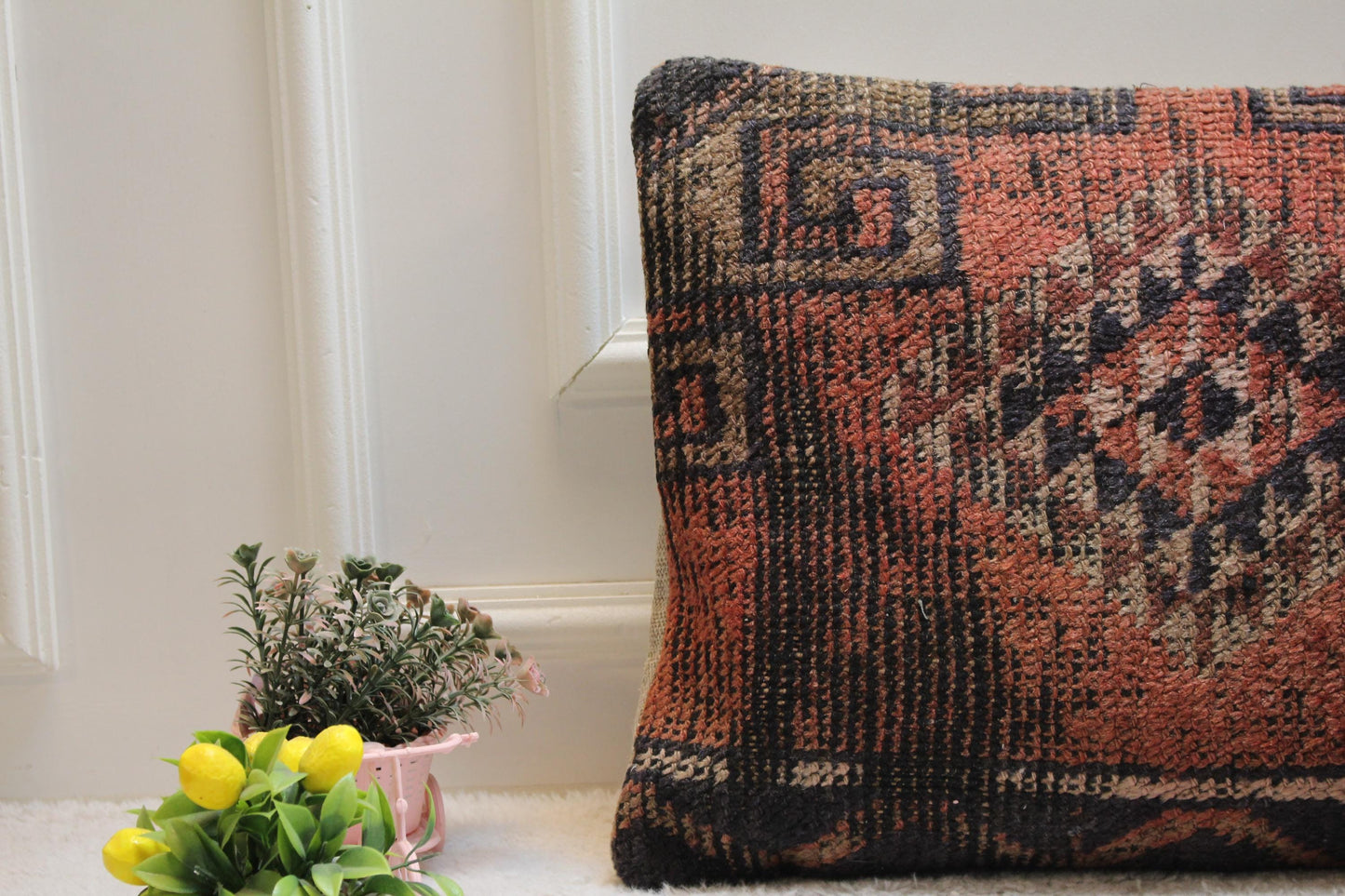 Handmade Turkish Rug Pillow Cover: Geometric Wool Lumbar Pillow (16x24 in)