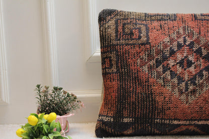 Handmade Turkish Rug Pillow Cover: Geometric Wool Lumbar Pillow (16x24 in)