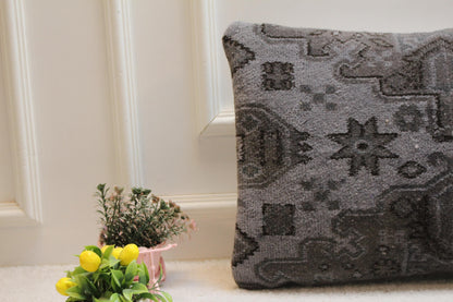 Gray Turkish Rug Pillow Cover: Vintage Kilim Lumbar Pillow (16x24 in)