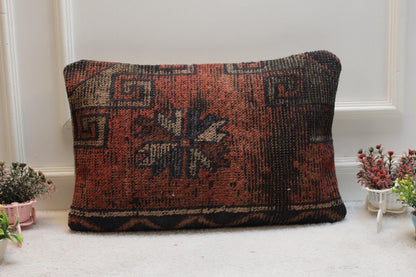 Red Anatolian Kilim Pillow Cover: Turkish Rug Home Decor (16x24 in)