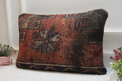 Red Anatolian Kilim Pillow Cover: Turkish Rug Home Decor (16x24 in)