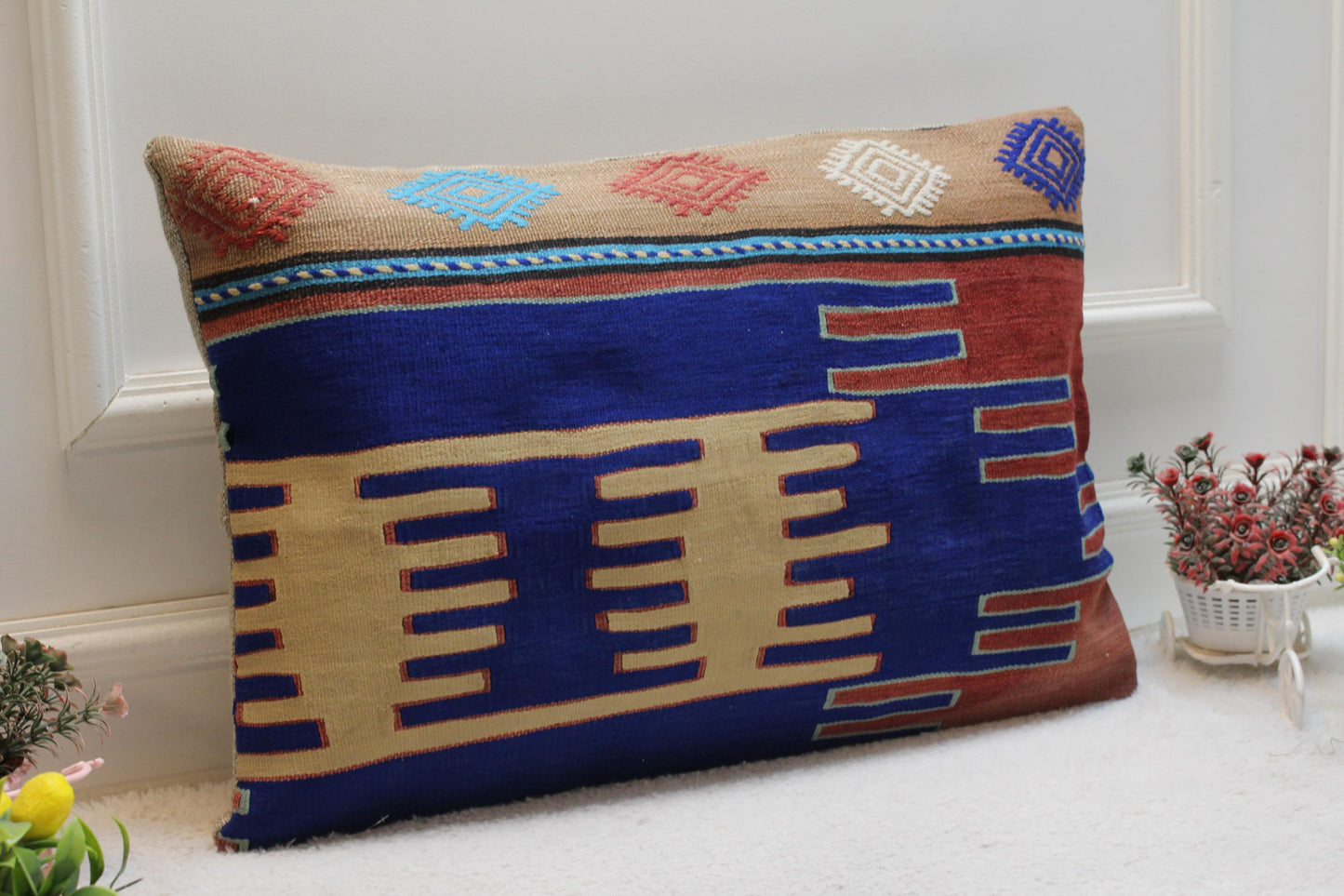 Handmade Kilim Pillow Cover: Blue Woven Wool, 16x24 inch
