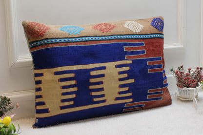 Handmade Kilim Pillow Cover: Blue Woven Wool, 16x24 inch