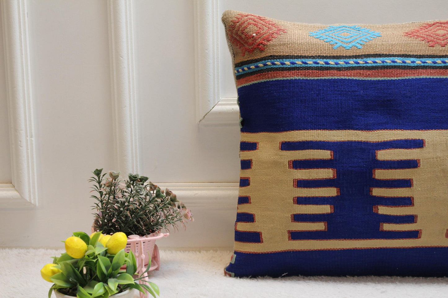 Handmade Kilim Pillow Cover: Blue Woven Wool, 16x24 inch