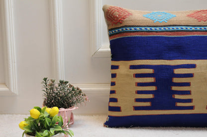Handmade Kilim Pillow Cover: Blue Woven Wool, 16x24 inch