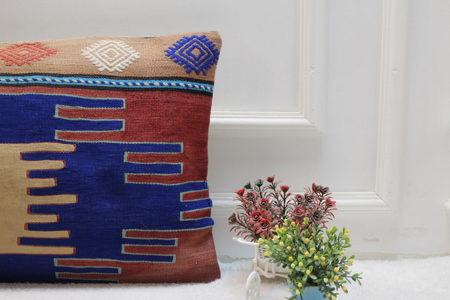Handmade Kilim Pillow Cover: Blue Woven Wool, 16x24 inch