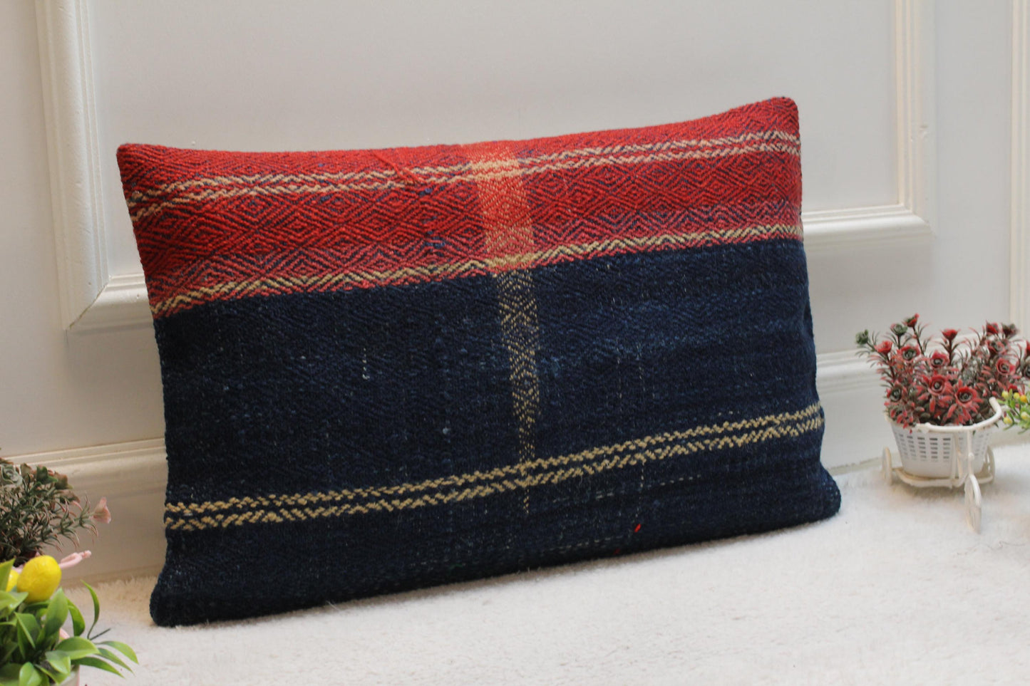 Handmade Kilim Pillow Cover: Upcycled Woven Rug, Bohemian Decor (16x24 inc)