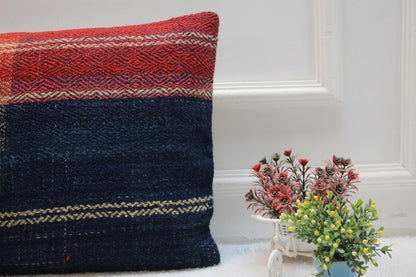Handmade Kilim Pillow Cover: Upcycled Woven Rug, Bohemian Decor (16x24 inc)
