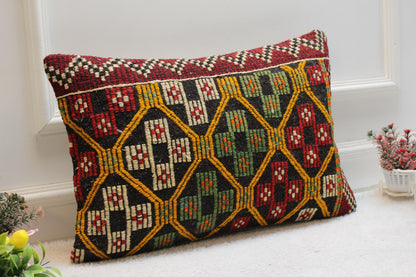 Geometric Kilim Pillow Cover: Vintage Rainbow Wool, 16x24 inch