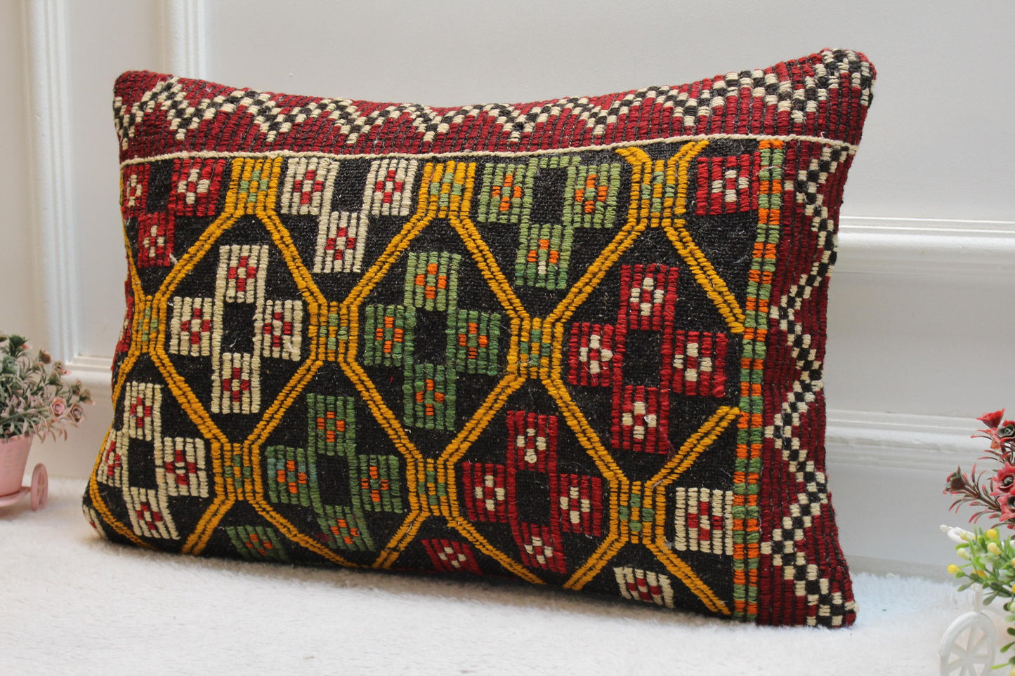 Geometric Kilim Pillow Cover: Vintage Rainbow Wool, 16x24 inch