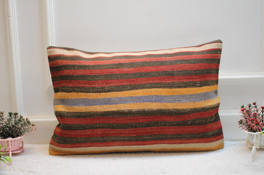 Vintage Kilim Lumbar Pillow Cover (16x24 inch): Handmade Woven Wool