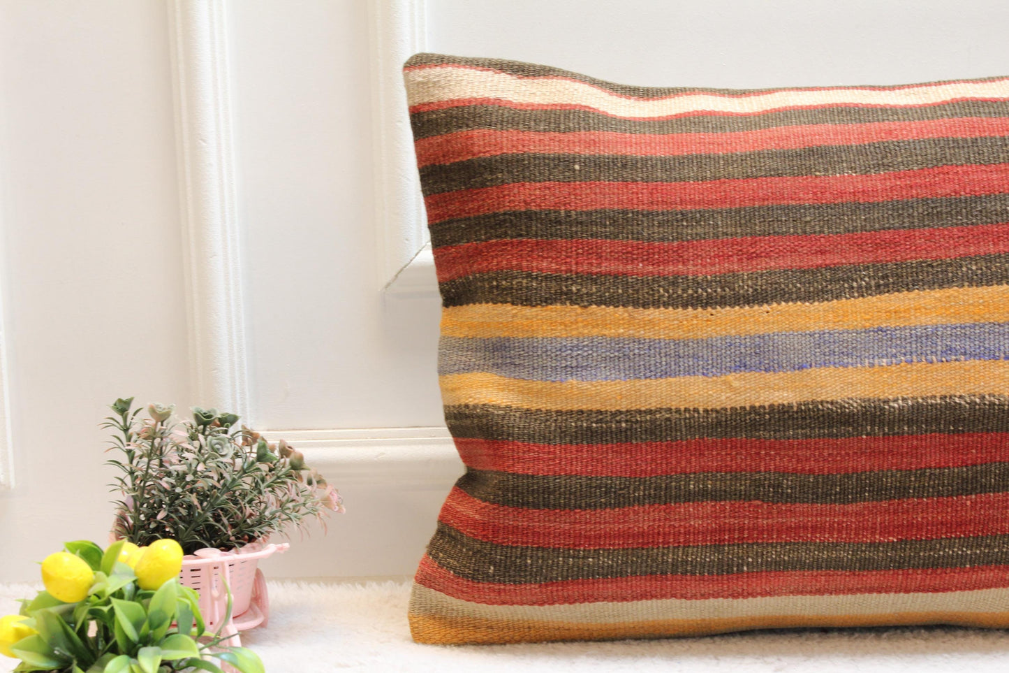 Vintage Kilim Lumbar Pillow Cover (16x24 inch): Handmade Woven Wool