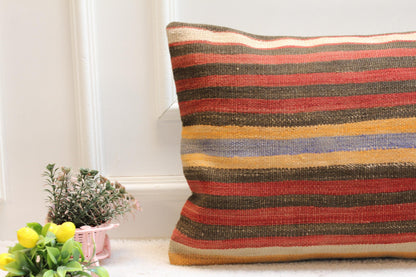 Vintage Kilim Lumbar Pillow Cover (16x24 inch): Handmade Woven Wool
