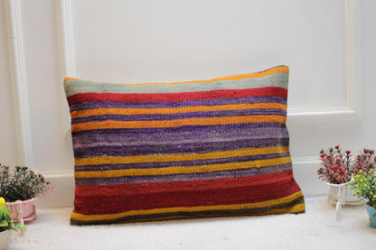 Handmade Rainbow Kilim Pillow Cover: Boho Lumbar Pillow (16x24 inc)