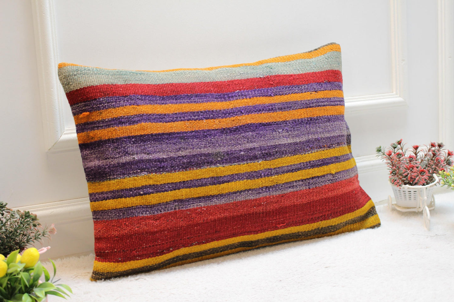 Handmade Rainbow Kilim Pillow Cover: Boho Lumbar Pillow (16x24 inc)