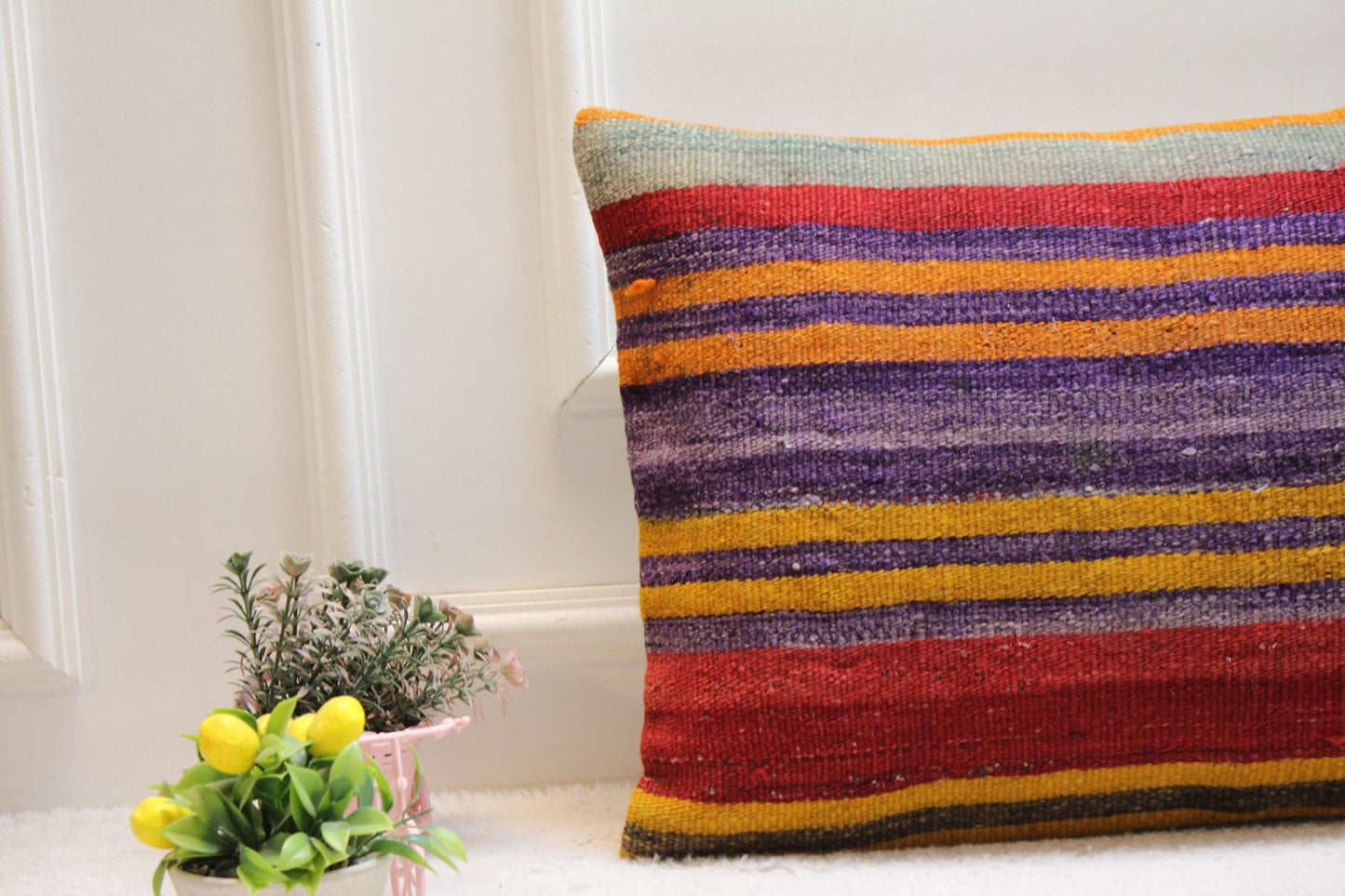 Handmade Rainbow Kilim Pillow Cover: Boho Lumbar Pillow (16x24 inc)