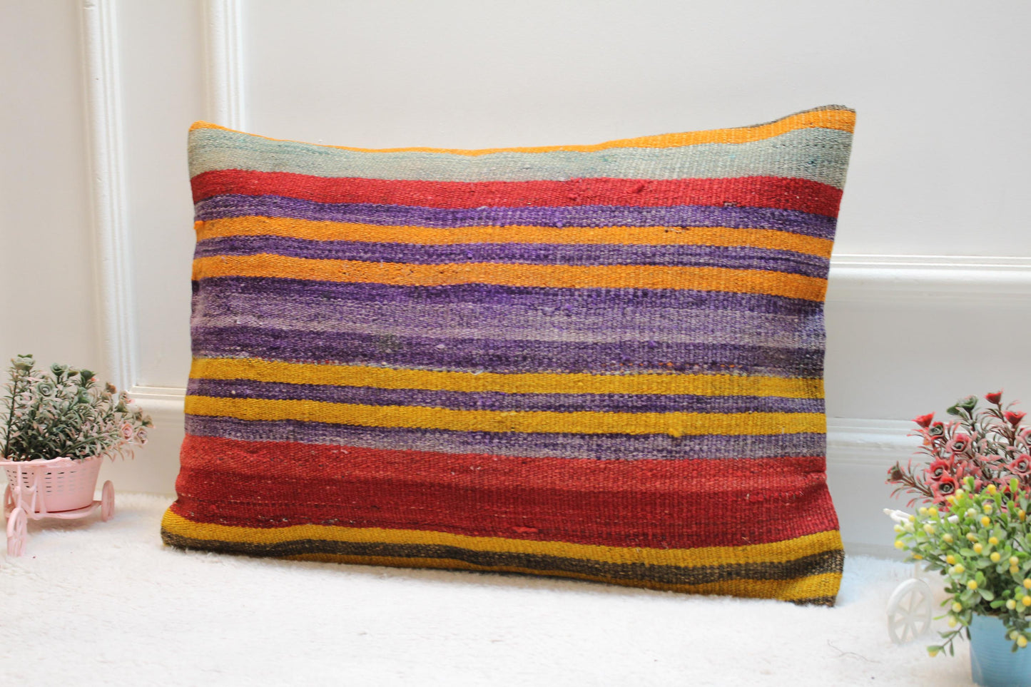 Handmade Rainbow Kilim Pillow Cover: Boho Lumbar Pillow (16x24 inc)