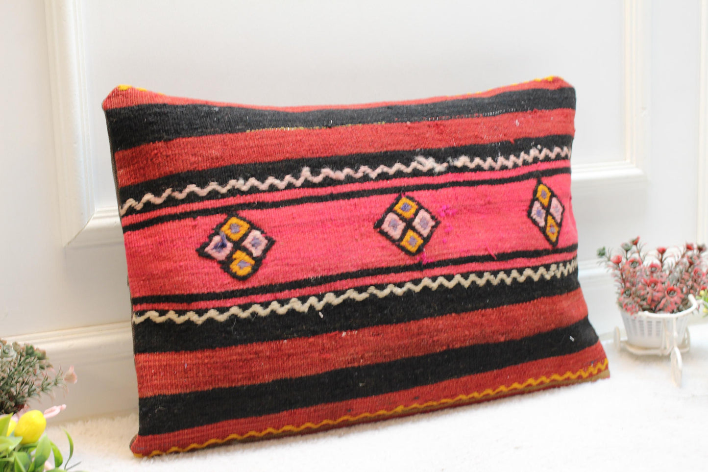 Red & Black Kilim Pillow Cover (16x24 in): Handmade Boho Throw Pillow