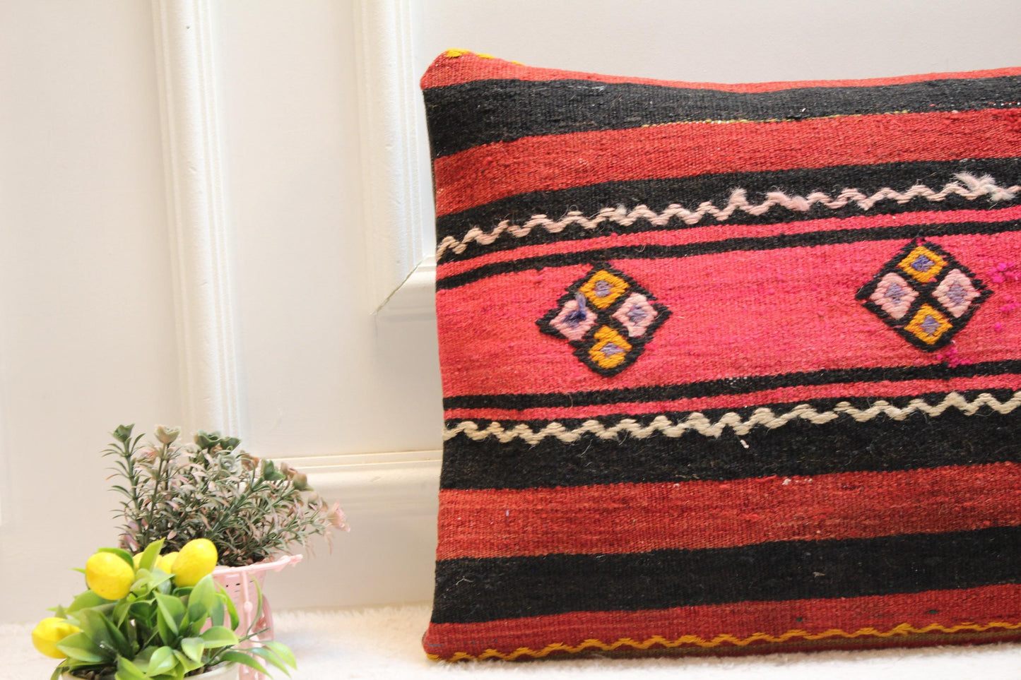 Red & Black Kilim Pillow Cover (16x24 in): Handmade Boho Throw Pillow
