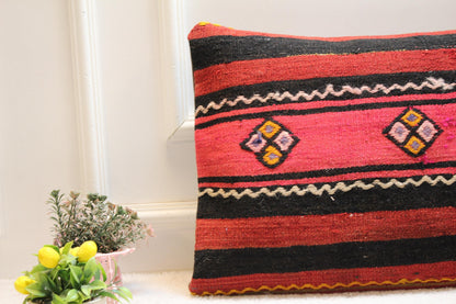Red & Black Kilim Pillow Cover (16x24 in): Handmade Boho Throw Pillow