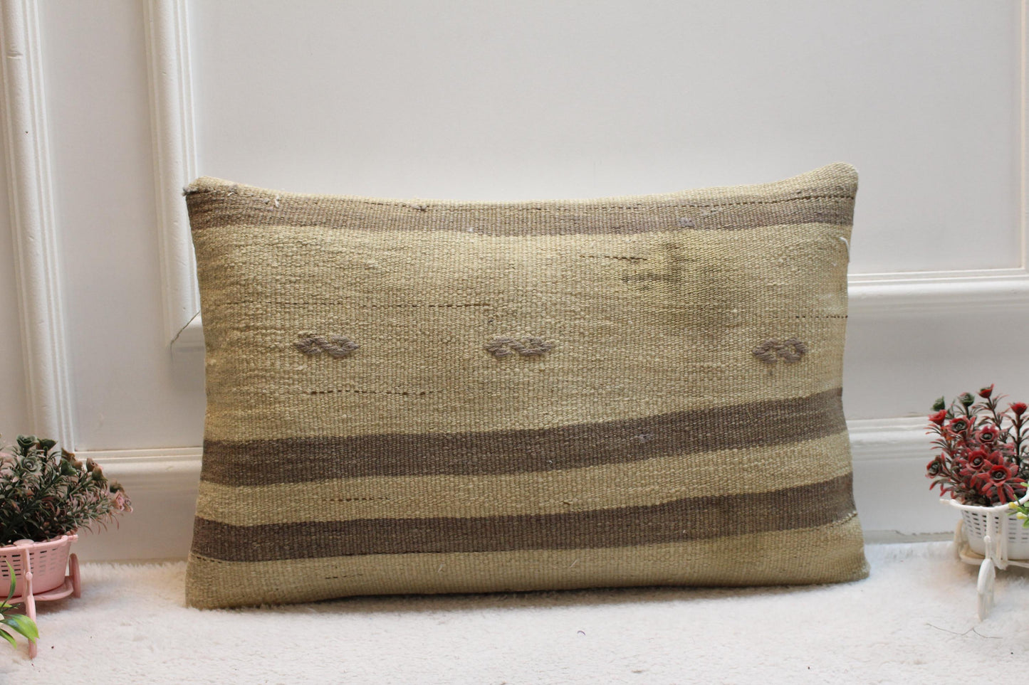 Handmade Kilim Lumbar Pillow Cover: Boho Beige Brown Woven Rug, 16x24 inch