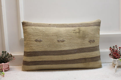 Handmade Kilim Lumbar Pillow Cover: Boho Beige Brown Woven Rug, 16x24 inch