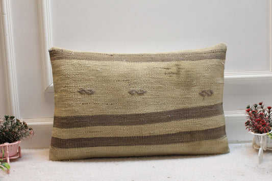 Handmade Kilim Lumbar Pillow Cover: Boho Beige Brown Woven Rug, 16x24 inch